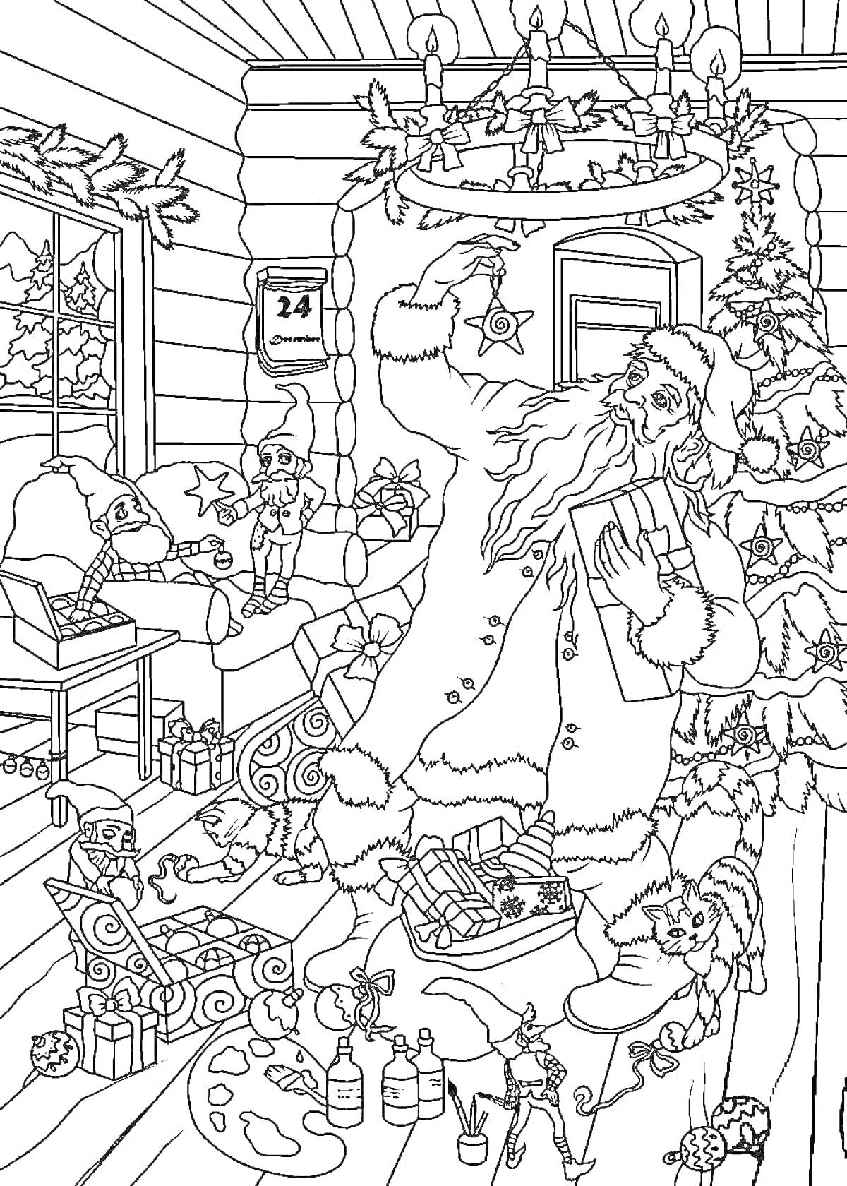 Раскраска Дед Мороз украшает дом в Великом Устюге с эльфами, подарками и ёлкой на заднем плане