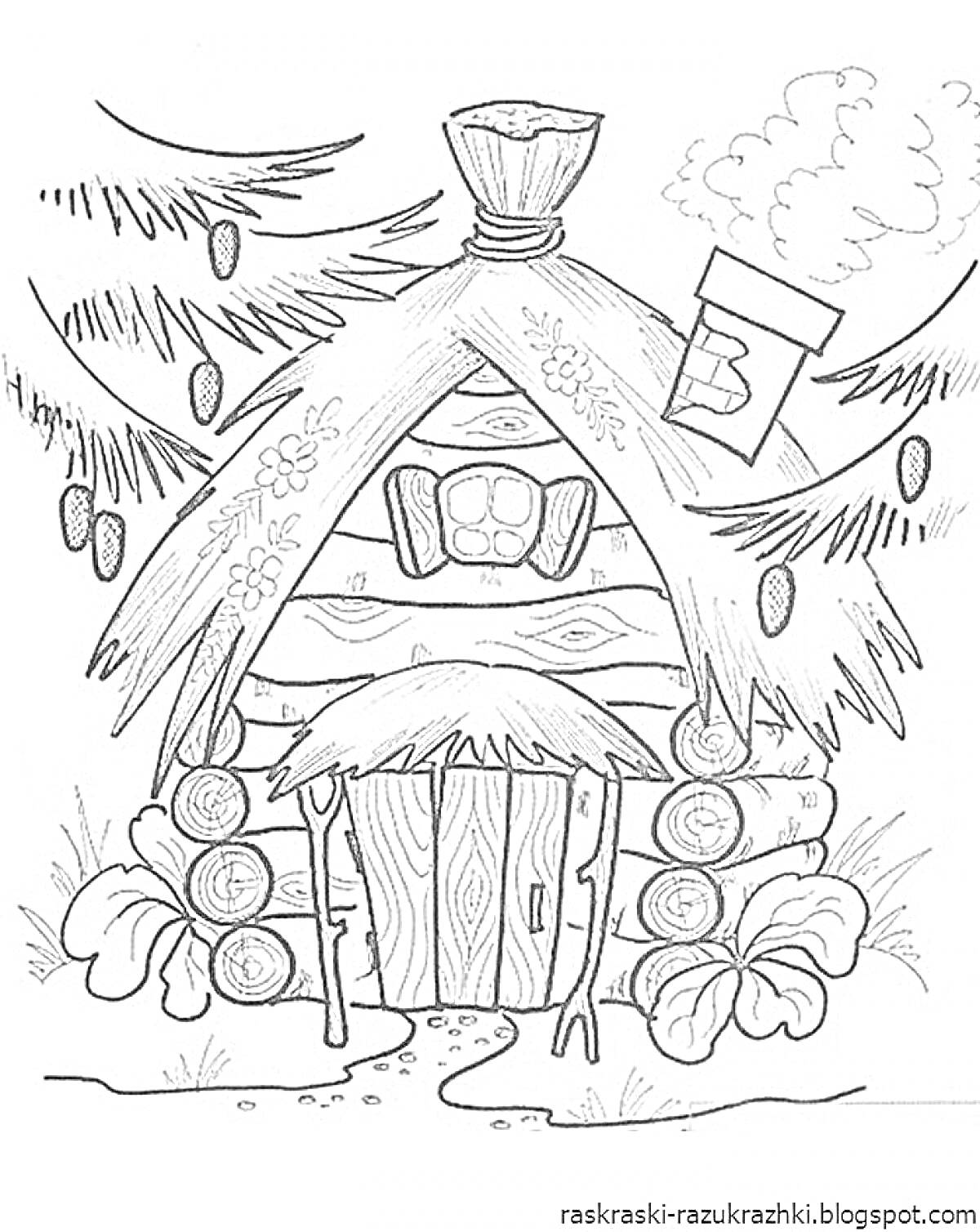 Раскраска Деревянная избушка с трубой и цветами на крыше, окруженная елями и пнями