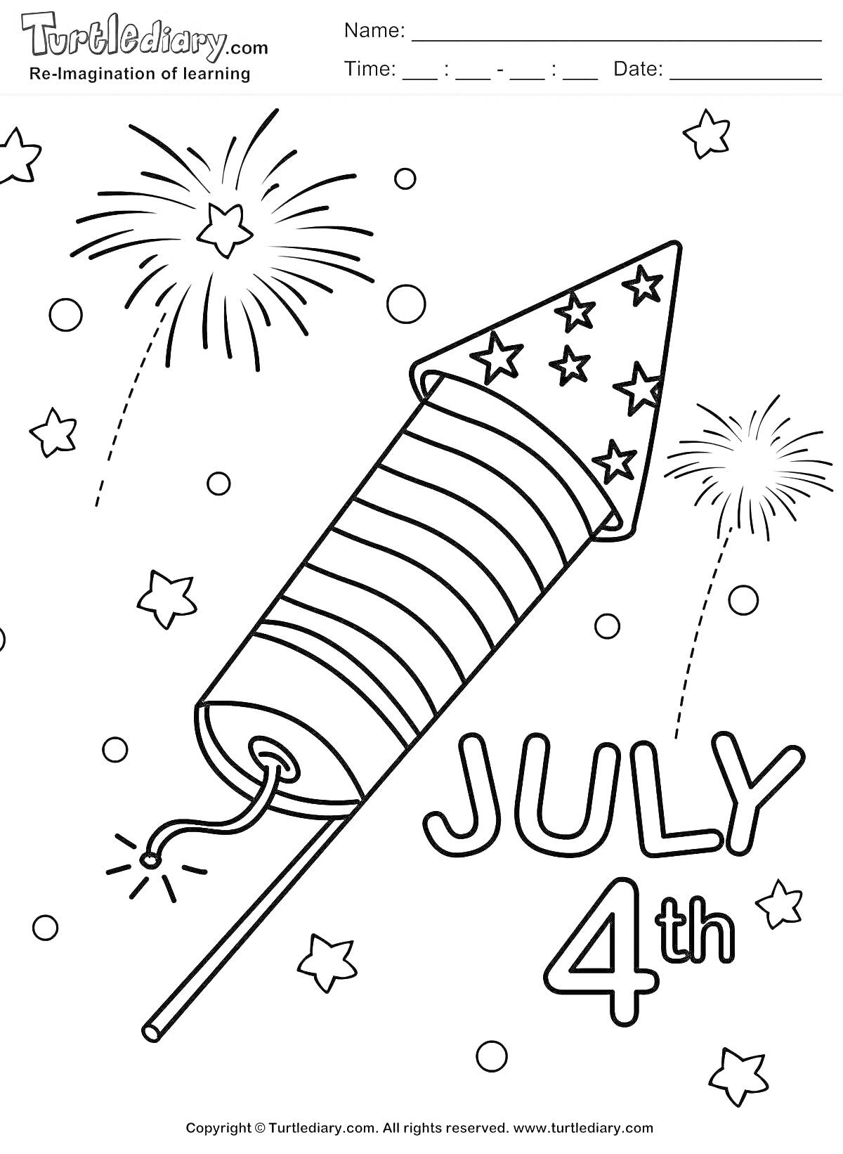 На раскраске изображено: Хлопушка, 4 июля, Звезды, Ракета, Искры