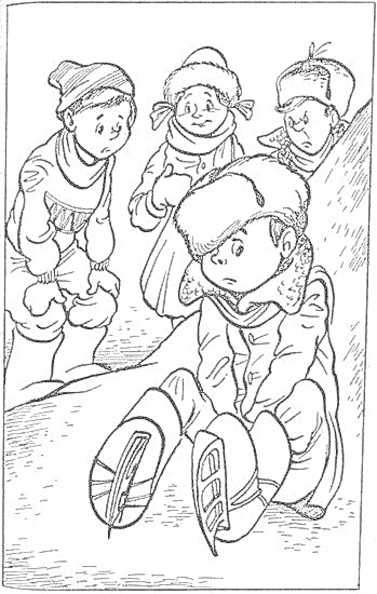 РаскраскаДети на горке: три мальчика и девочка в зимней одежде