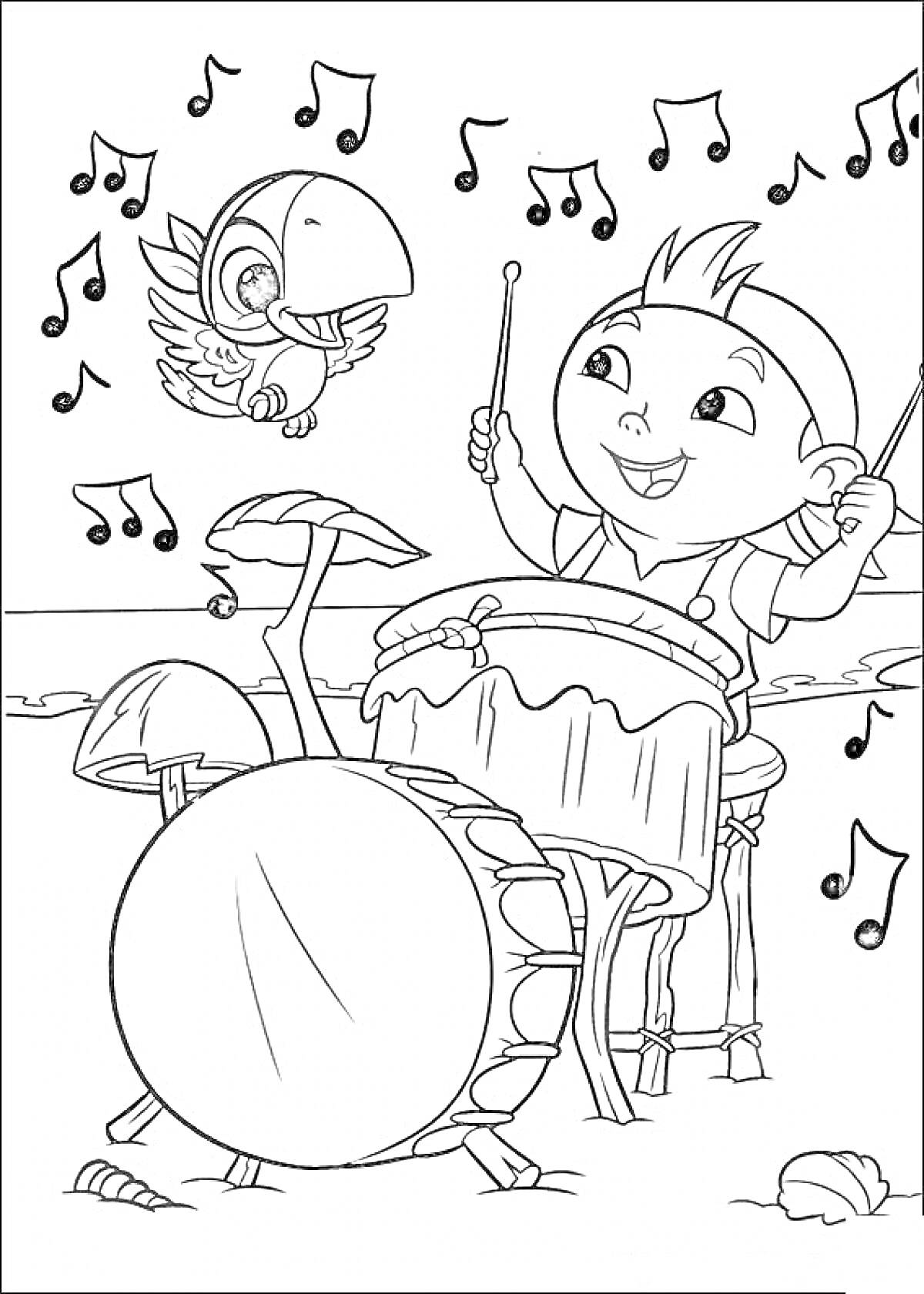 Раскраска Пират играет на барабанах и поет попугай