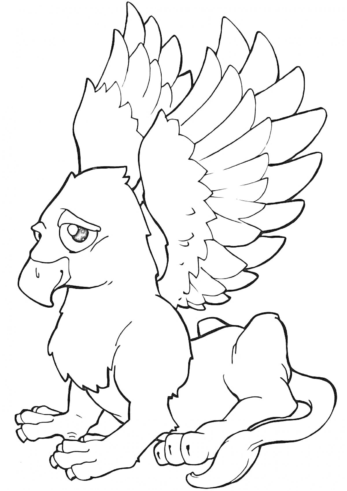 Раскраска Грифон с большими крыльями и львиным телом