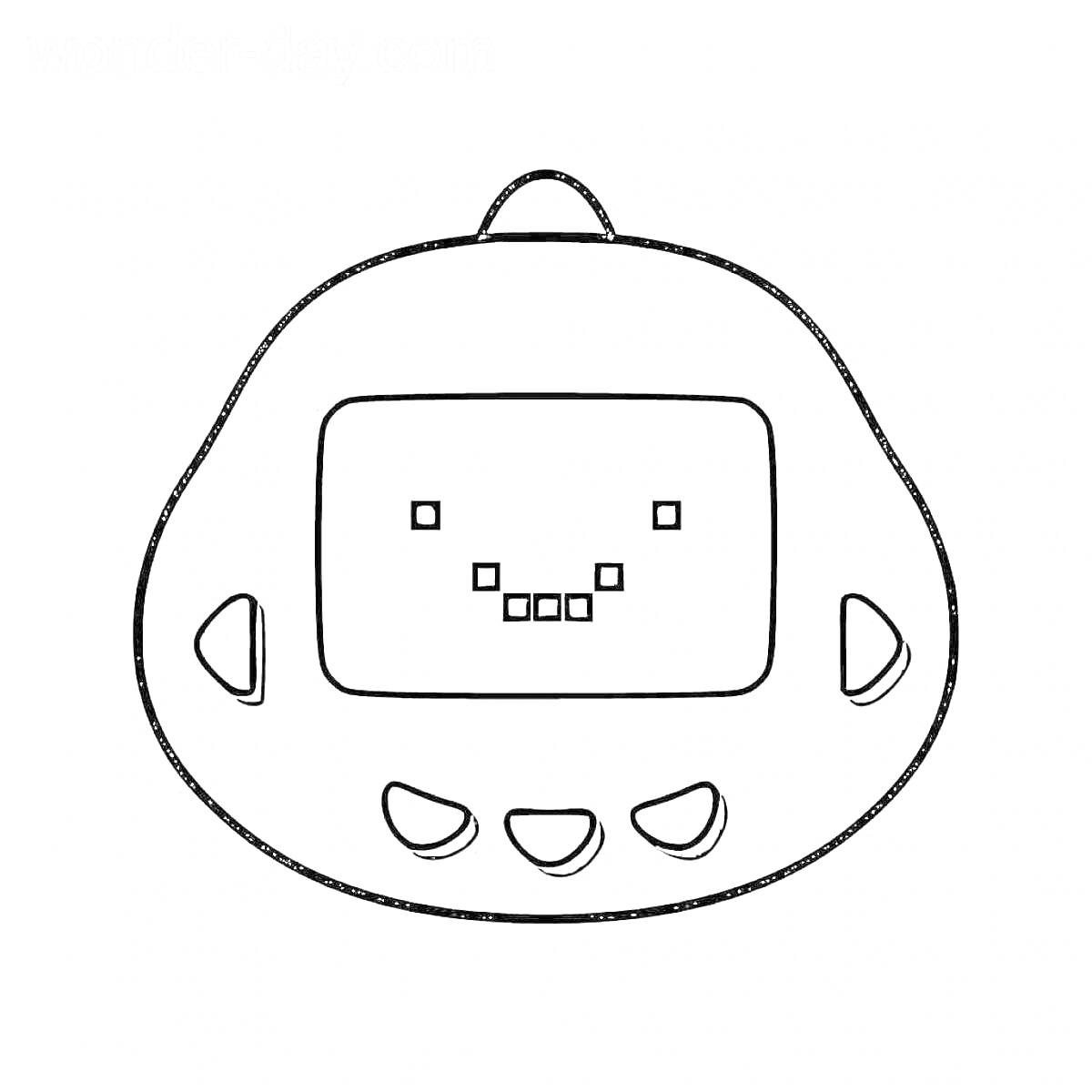 Раскраска Тамагочи с экраном и пиксельной улыбкой, пять кнопок