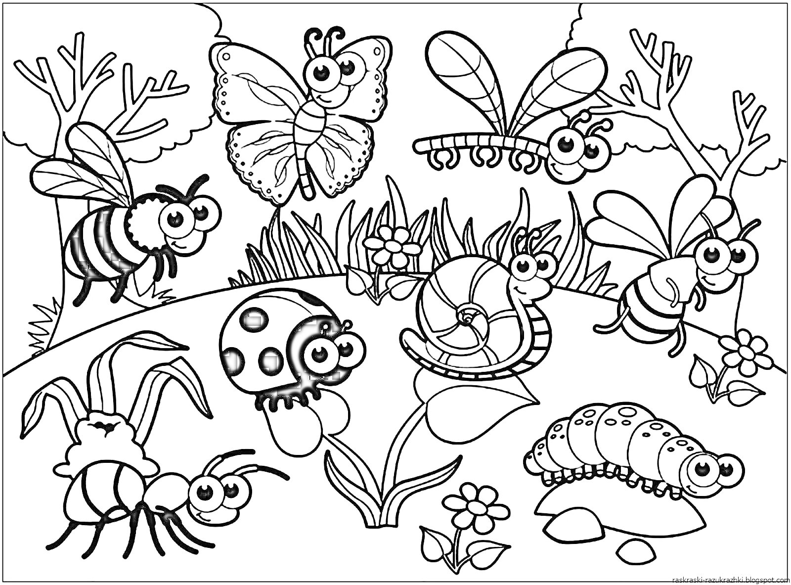 Раскраска Насекомые на лугу. Пчела, бабочка, стрекоза, божья коровка, улитка, мушка, паук, гусеница, цветы, кусты, трава, камни