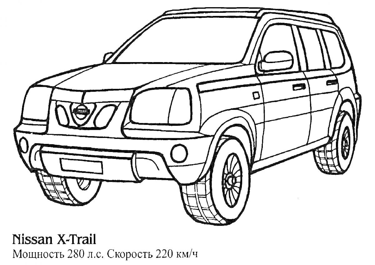 На раскраске изображено: Nissan X-Trail, Внедорожник, Фары, Колёса, Дверные ручки, Скорость