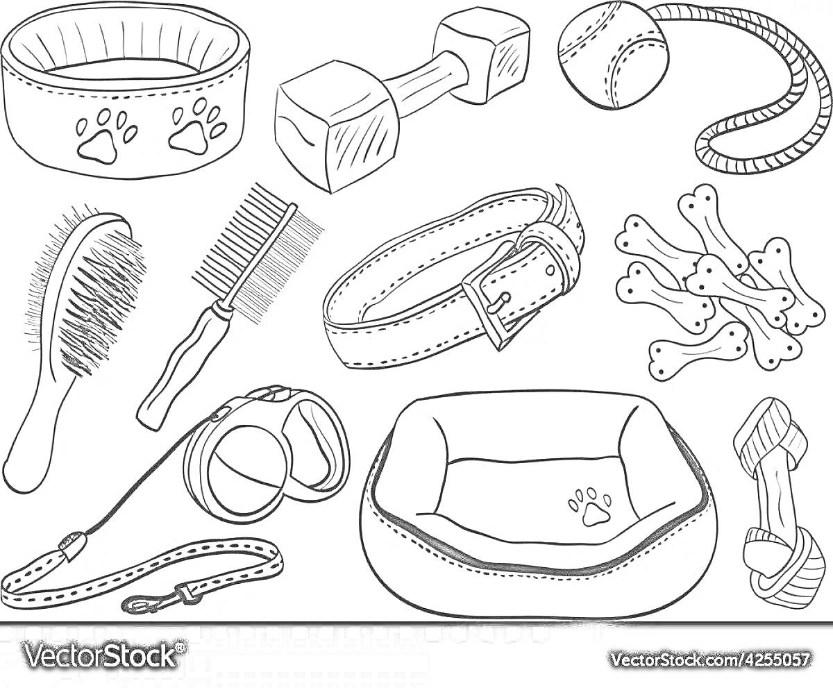 Раскраска с игрушками для собак и аксессуарами (игрушечная кость, мячик с веревкой, ошейник, миска, поводок, расческа, щетка, вес с лапками, косточки, собачья кровать)