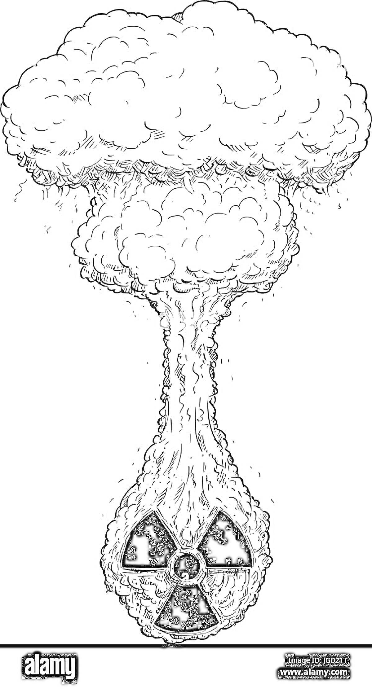 Раскраска Ядерный взрыв с радиационным знаком, изображающий грибовидное облако и символ радиации