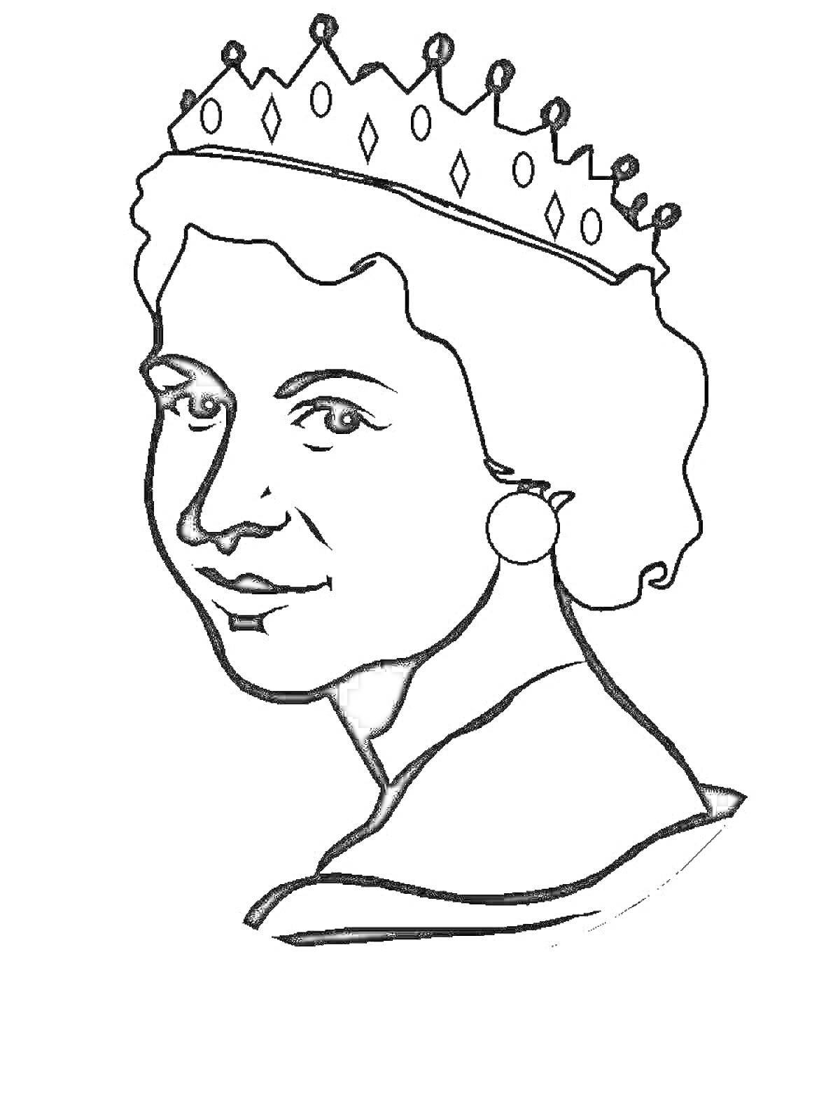 Раскраска Портрет женщины в короне с серьгой