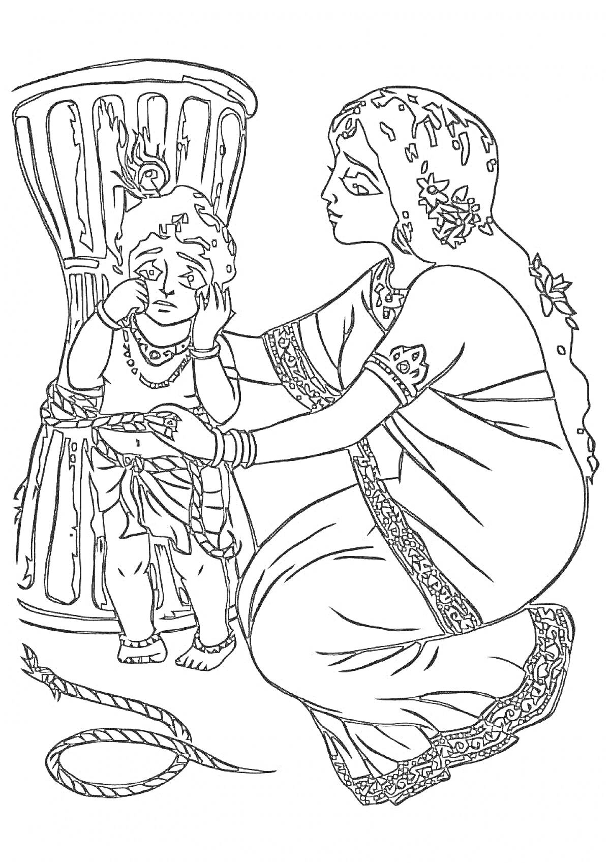 Раскраска Кришна перед ящиком с женщиной в традиционной одежде, которая держит его руку