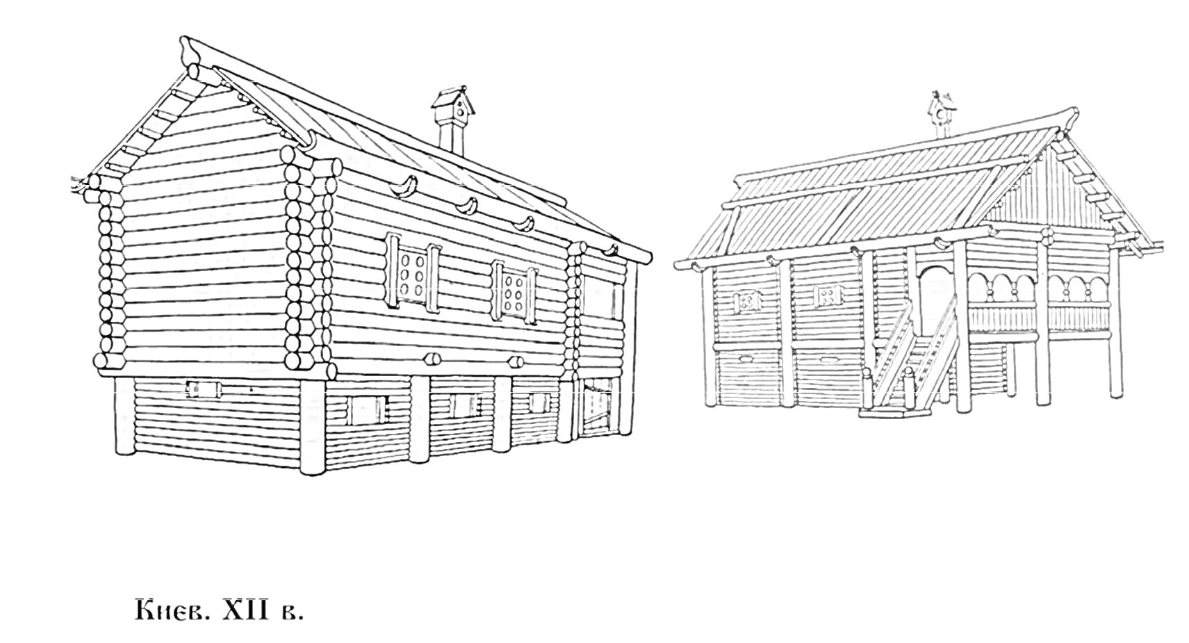 Жилище Киевской Руси XII века с двухскатной крышей, срубный дом на деревянных сваях и лестницей