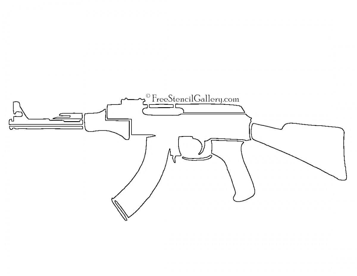 Раскраска Контурное изображение автомата АК-47 с прикладом, магазином и стволом