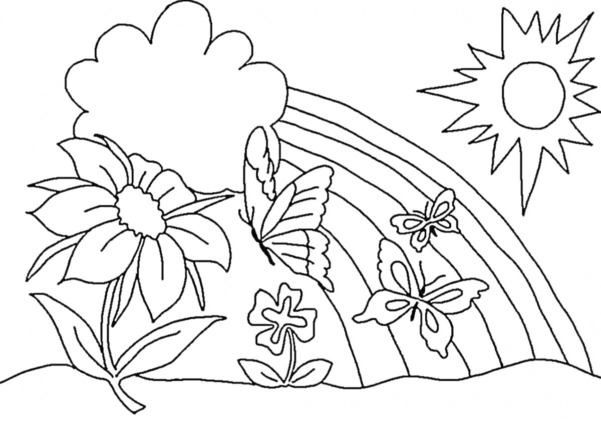 Раскраска Большой цветок, маленький цветок, 3 бабочки, радуга, солнце, облако