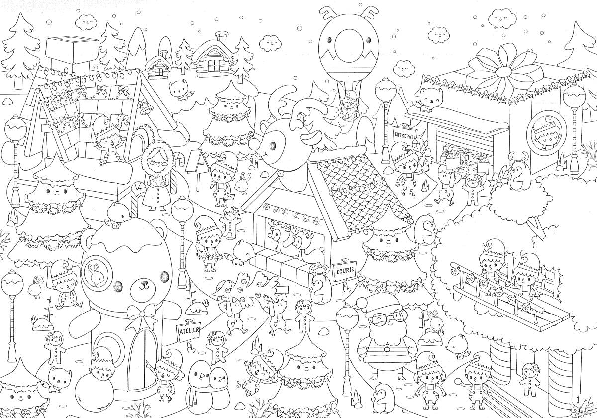 Раскраска Праздничная сцена в Pixelwoods с ёлками, большим плюшевым медведем, домиками и различными декорациями
