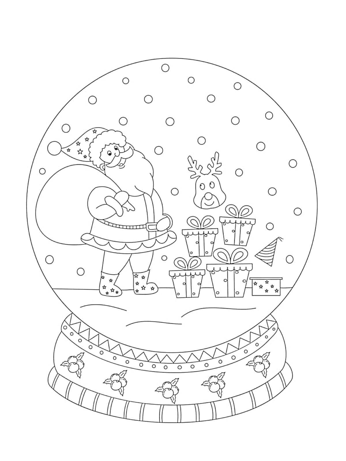 На раскраске изображено: Дед Мороз, Подарки, Олень, Снег, Рождество, Зимняя сцена, Праздничный декор