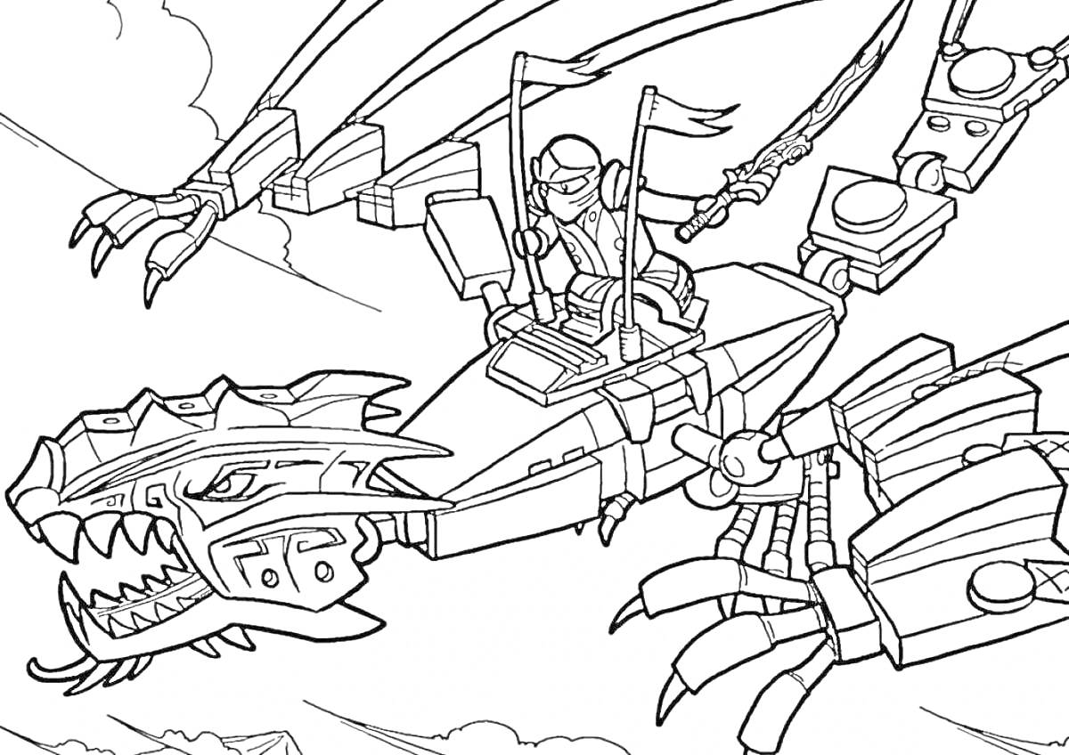 Раскраска Ниндзя на драконе, вооруженный мечом, летящий в облаках