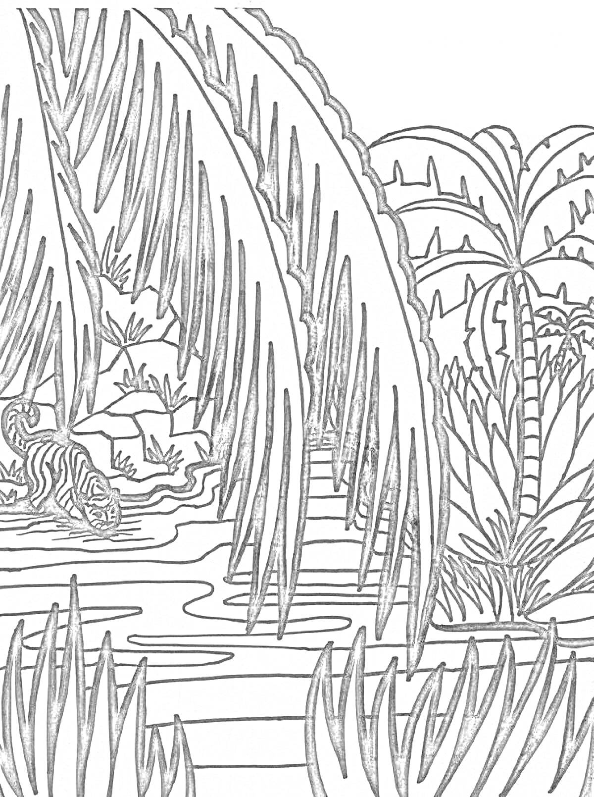 Джунгли с тигром, пальмами, рекой и густой растительностью