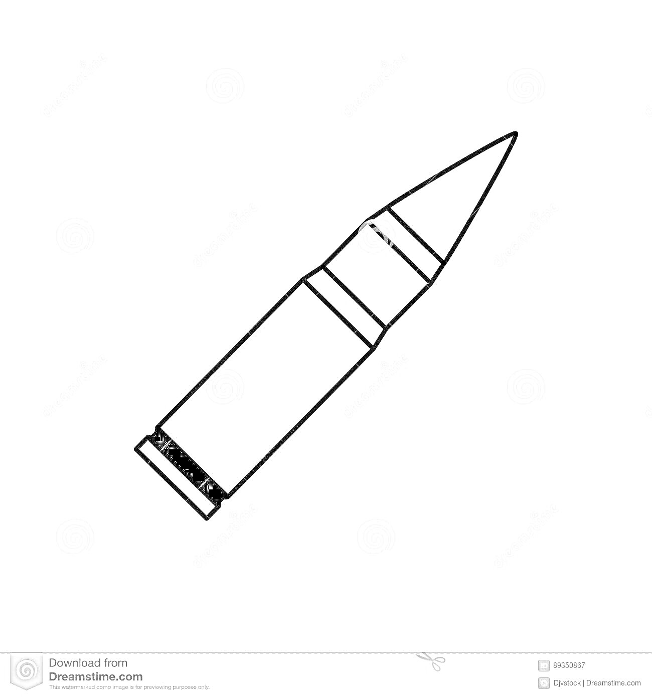 Раскраска Патрон с пулей крупного калибра, черно-белая раскраска, контурное изображение