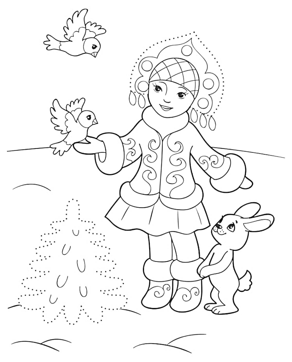 Раскраска Снегурочка, держащая птицу, с зайцем и елкой на заднем плане