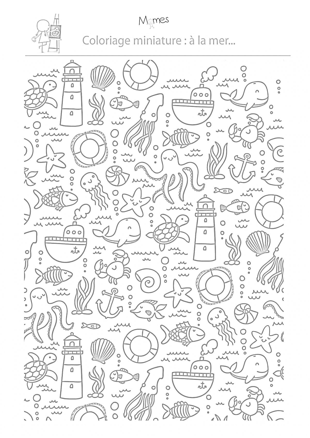 Раскраска Морская жизнь: маяк, кит, дельфин, якорь, водоросли, волны, звезда, рыбка, кораблик, коралл, ананас, буй