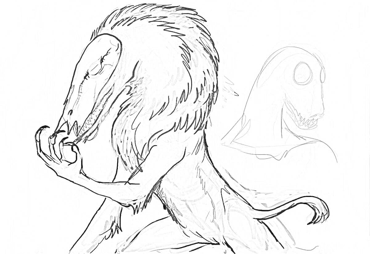 Раскраска Существо с черепом зверя и лежащая фигура на фоне