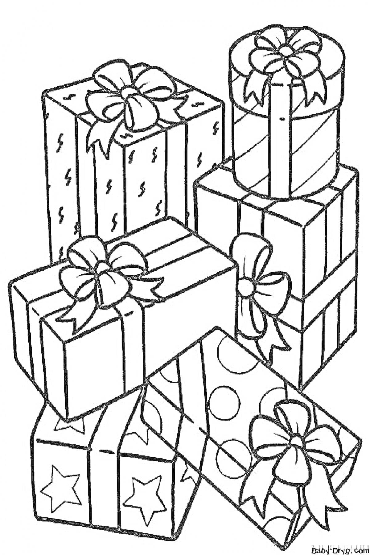 Раскраска Стопка подарочных коробок с бантами — в полоску, в горошек, с зигзагами и звездами