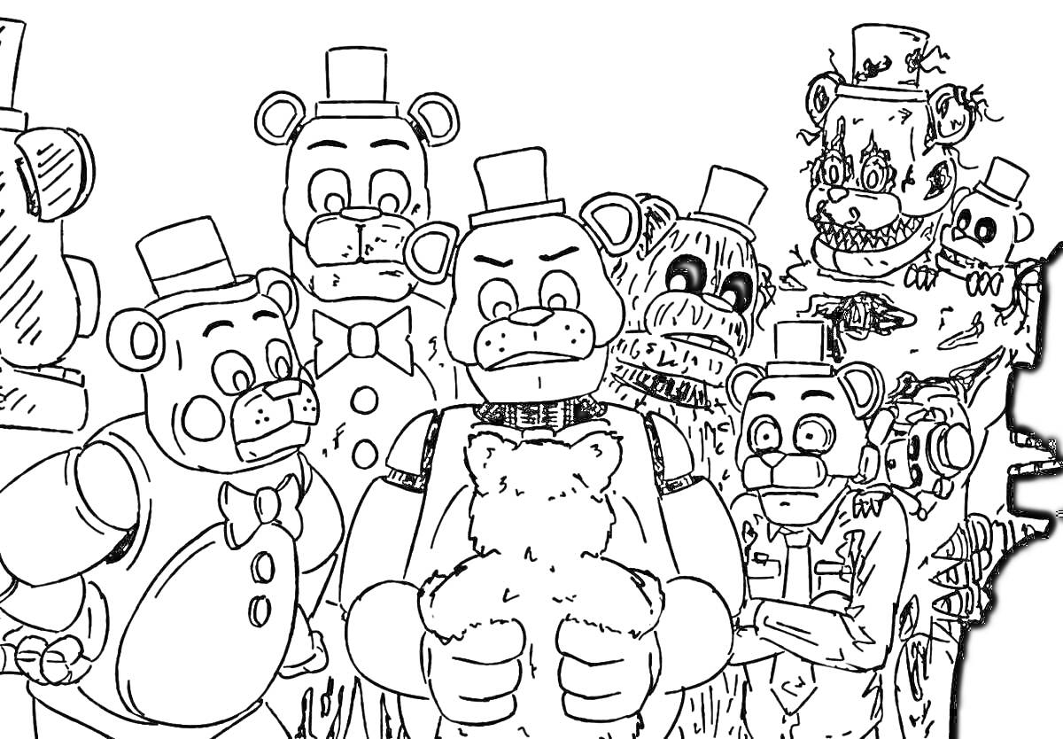 Раскраска Медведи-аниматроники из FNF мода (Five Nights at Freddy's)
