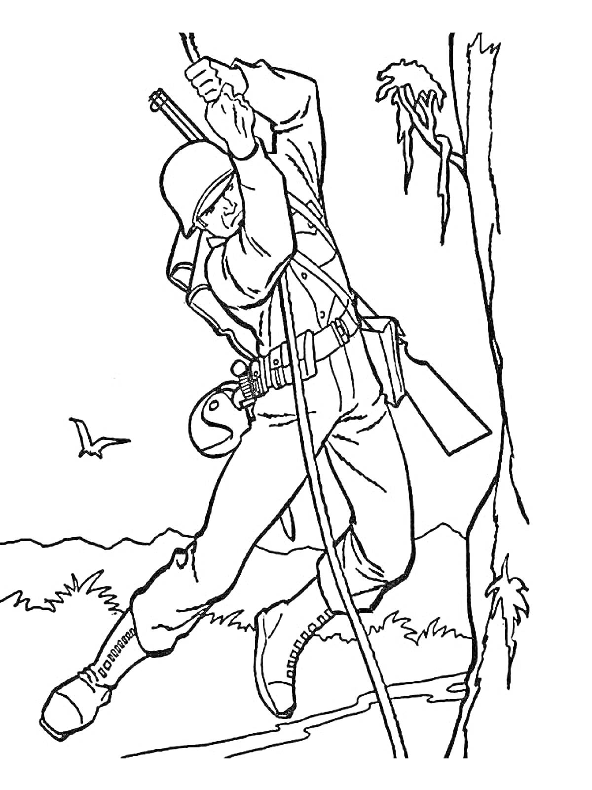 Раскраска Солдат в каске карабкается вверх по веревке, птица, горы на заднем плане