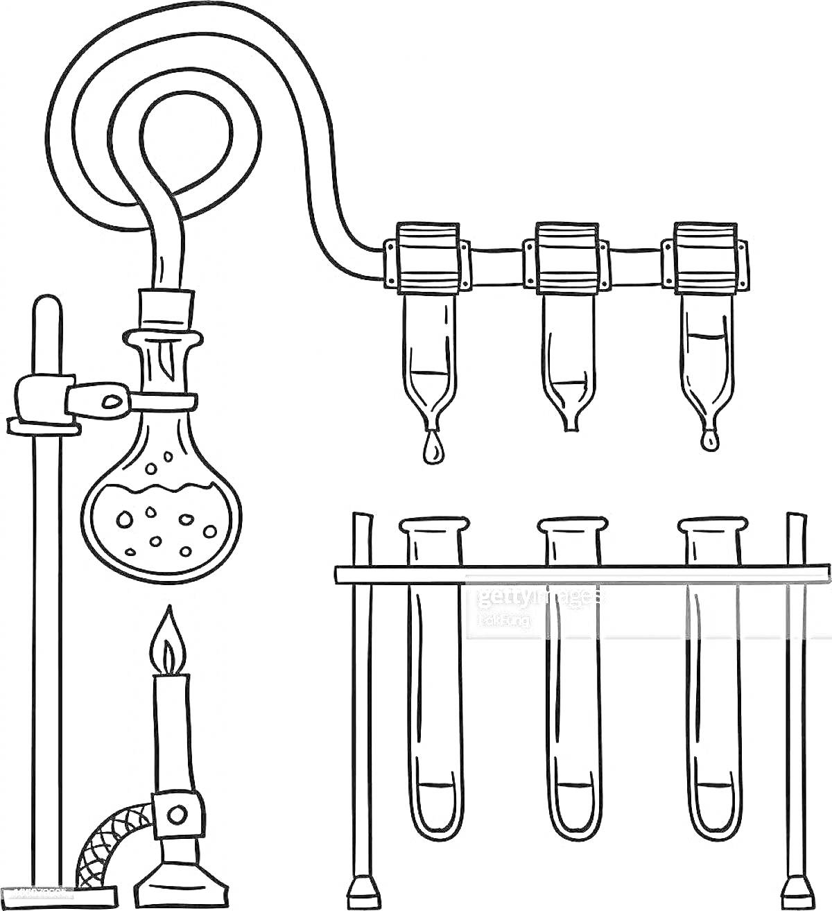 На раскраске изображено: Лаборатория, Пробирки, Штатив, Горелка