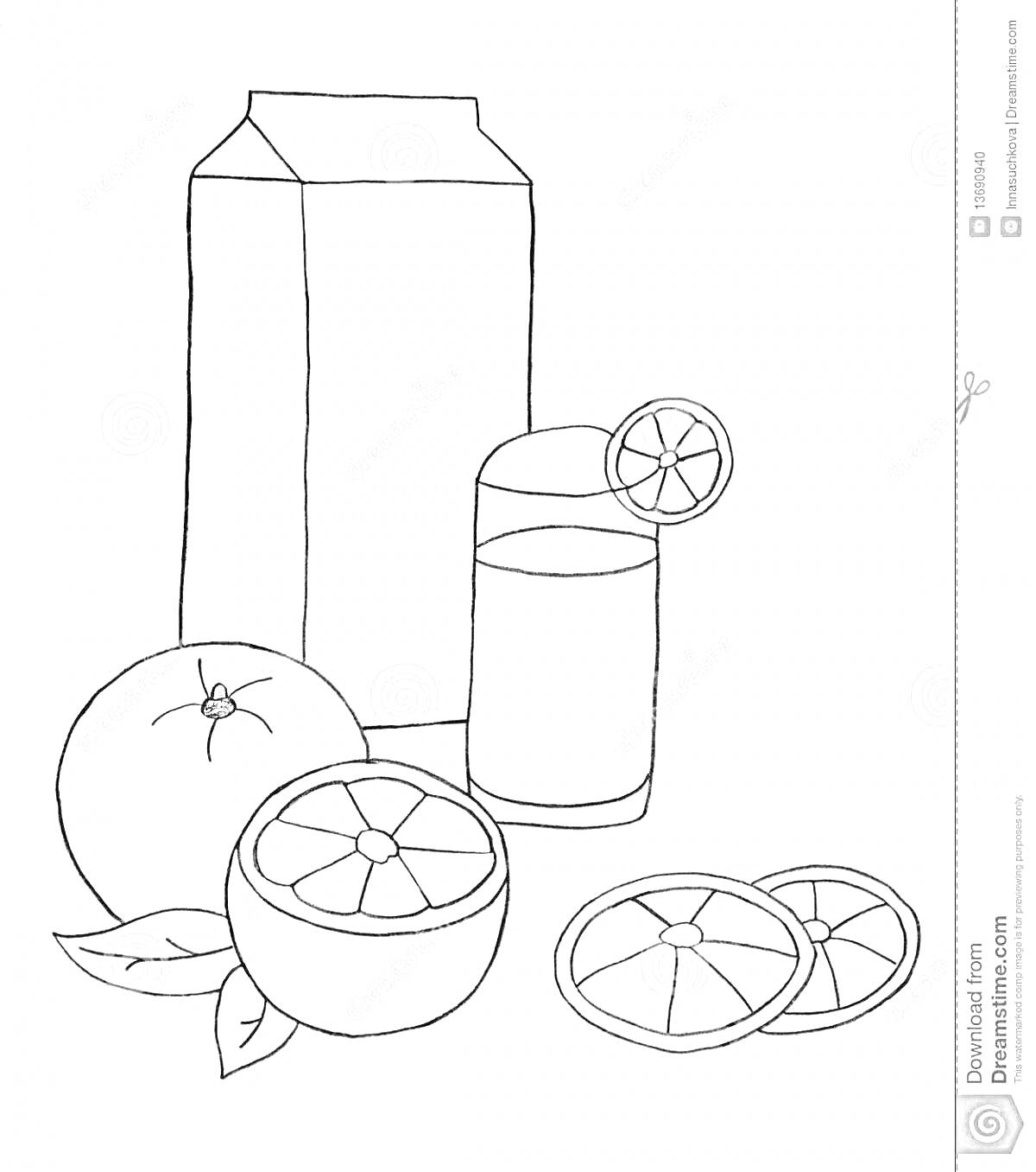 На раскраске изображено: Сок, Яблоко, Пакет, Стакан, Долька, Разрезанный фрукт, Яблочный сок, Листья, Еда