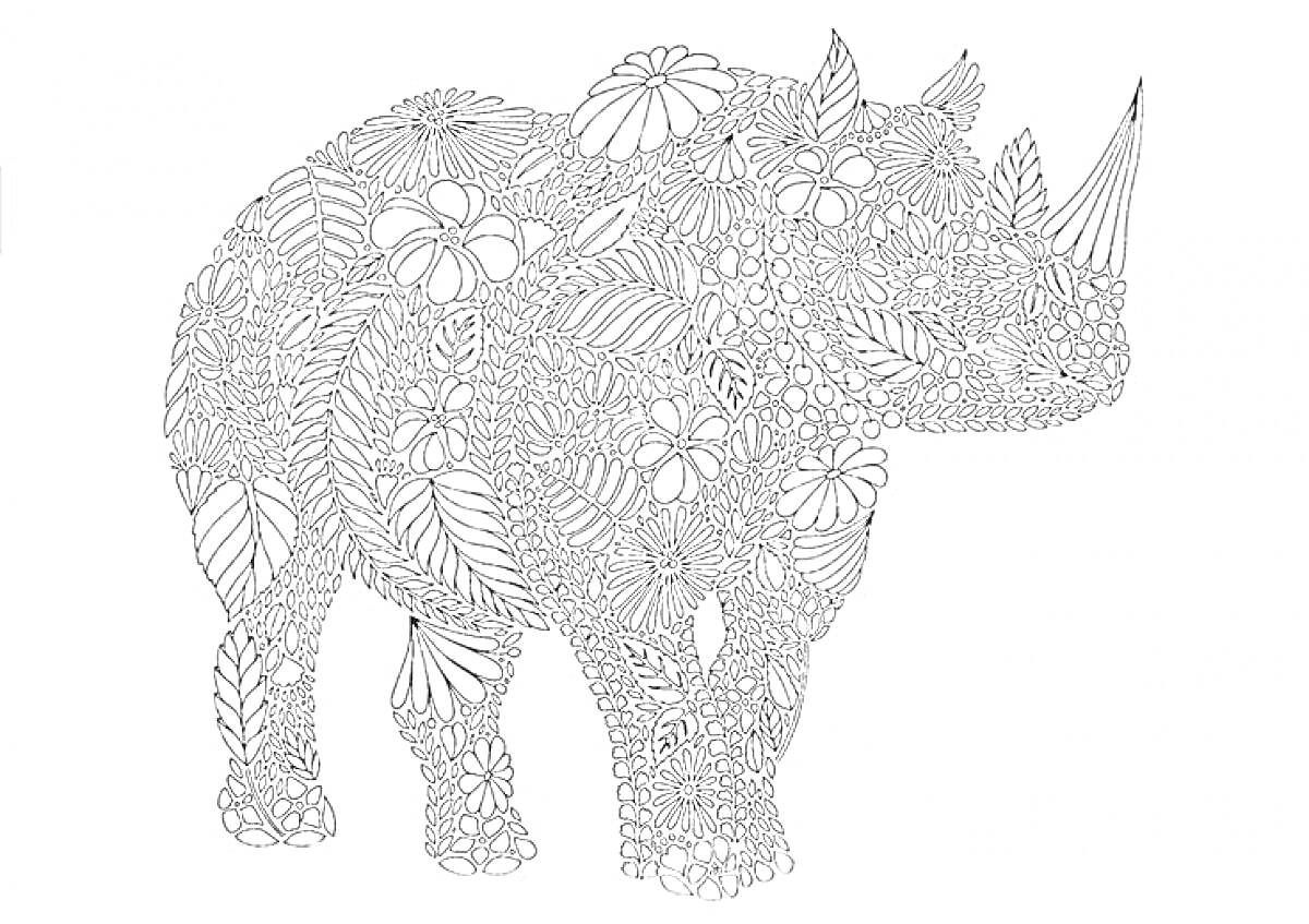 Раскраска Носорог, украшенный узором из цветов и листьев