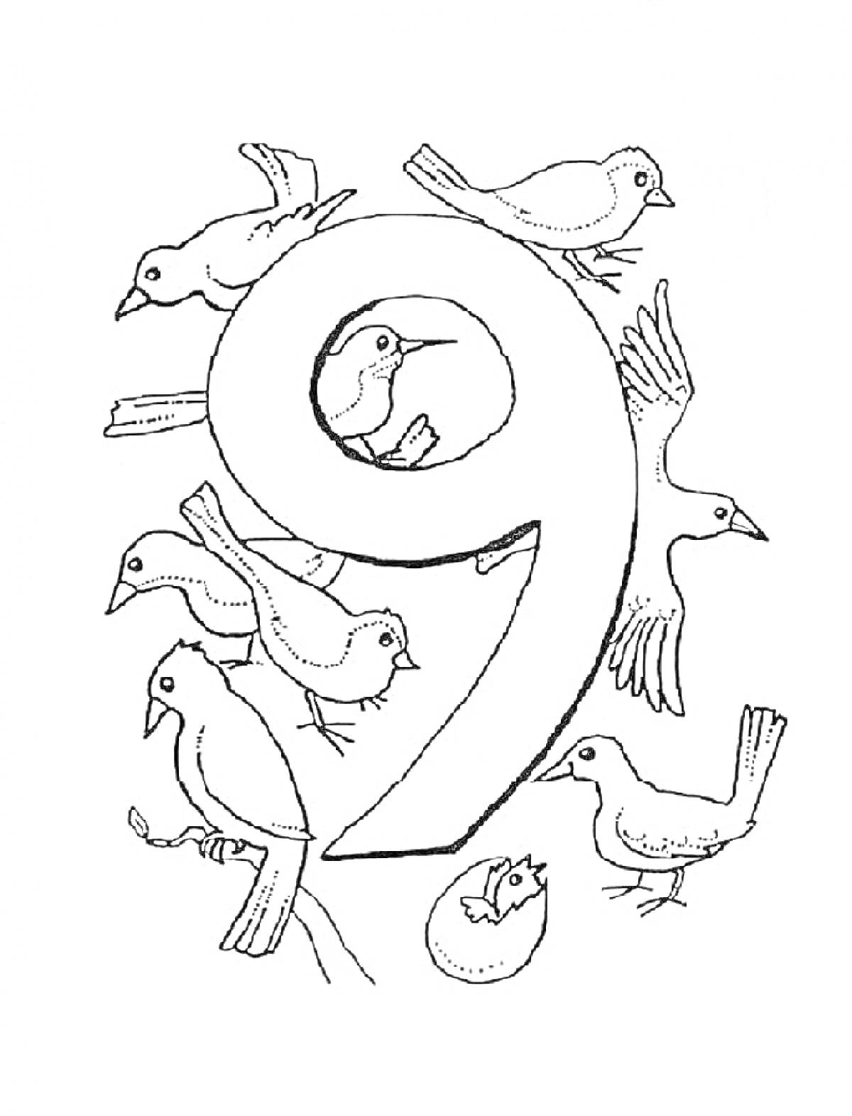 Раскраска Цифра 9 с птицами