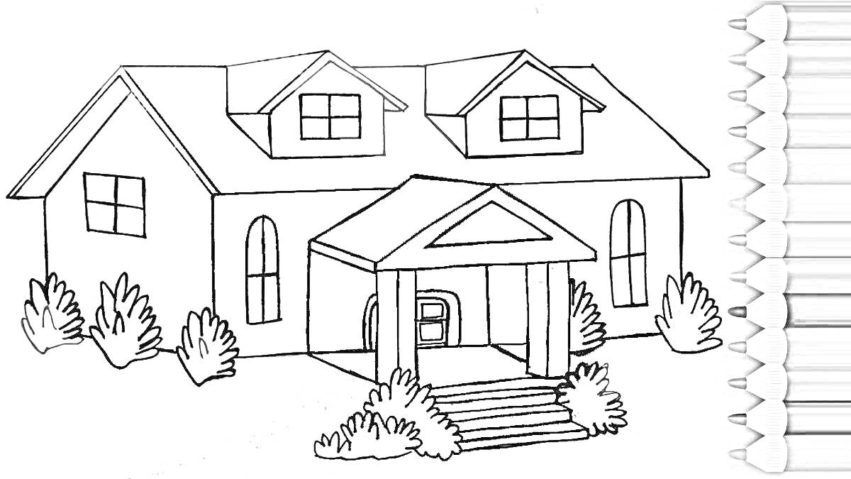 На раскраске изображено: Дом, Крыша, Окна, Кусты, Крыльцо, Вход, Для малышей, Дверь, Ступени