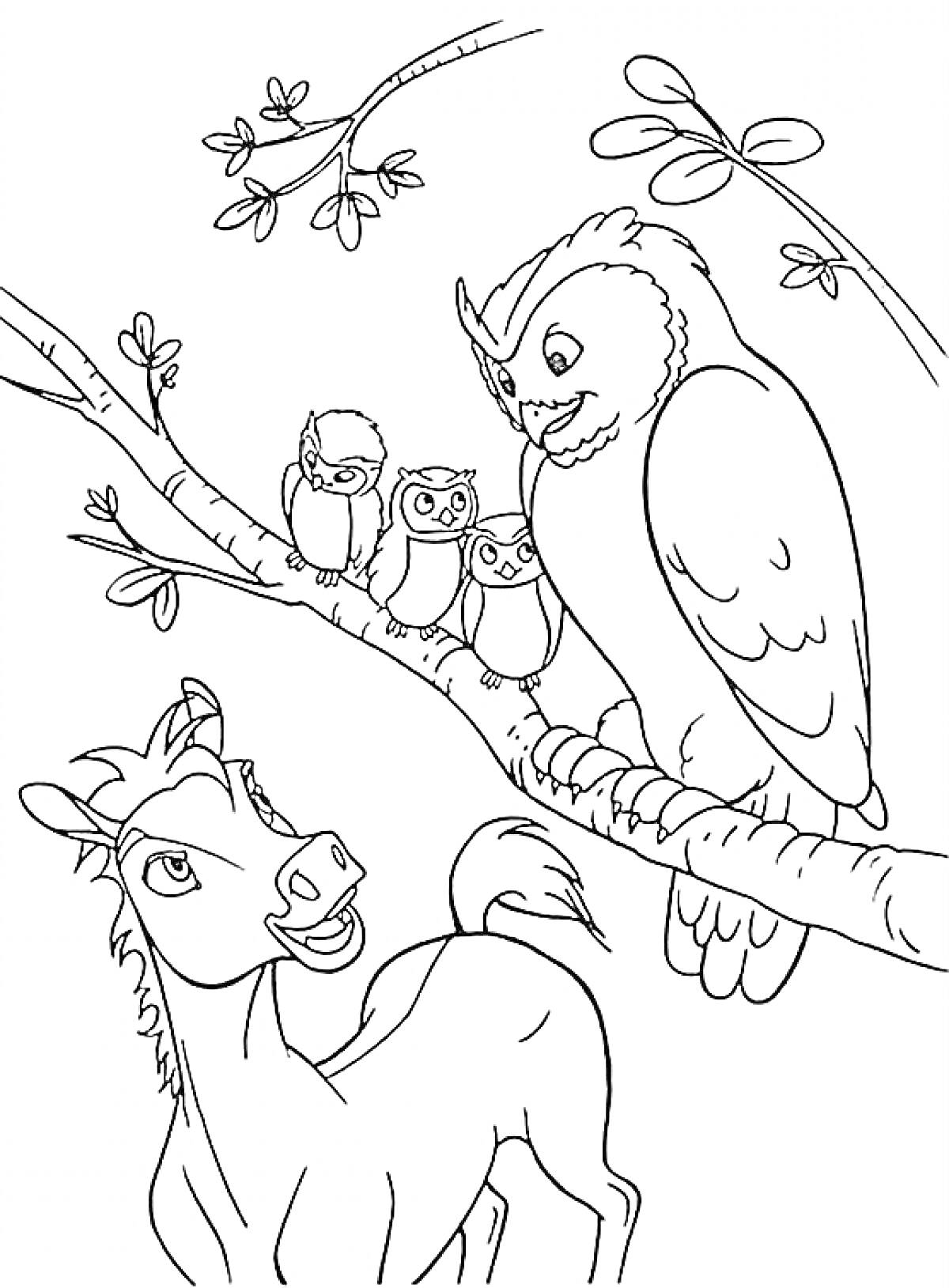 Раскраска Лошадь и совы на дереве