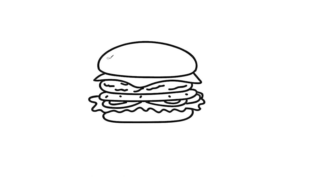 Раскраска Бургер с булочками, салатом, сыром, мясом и огурцами