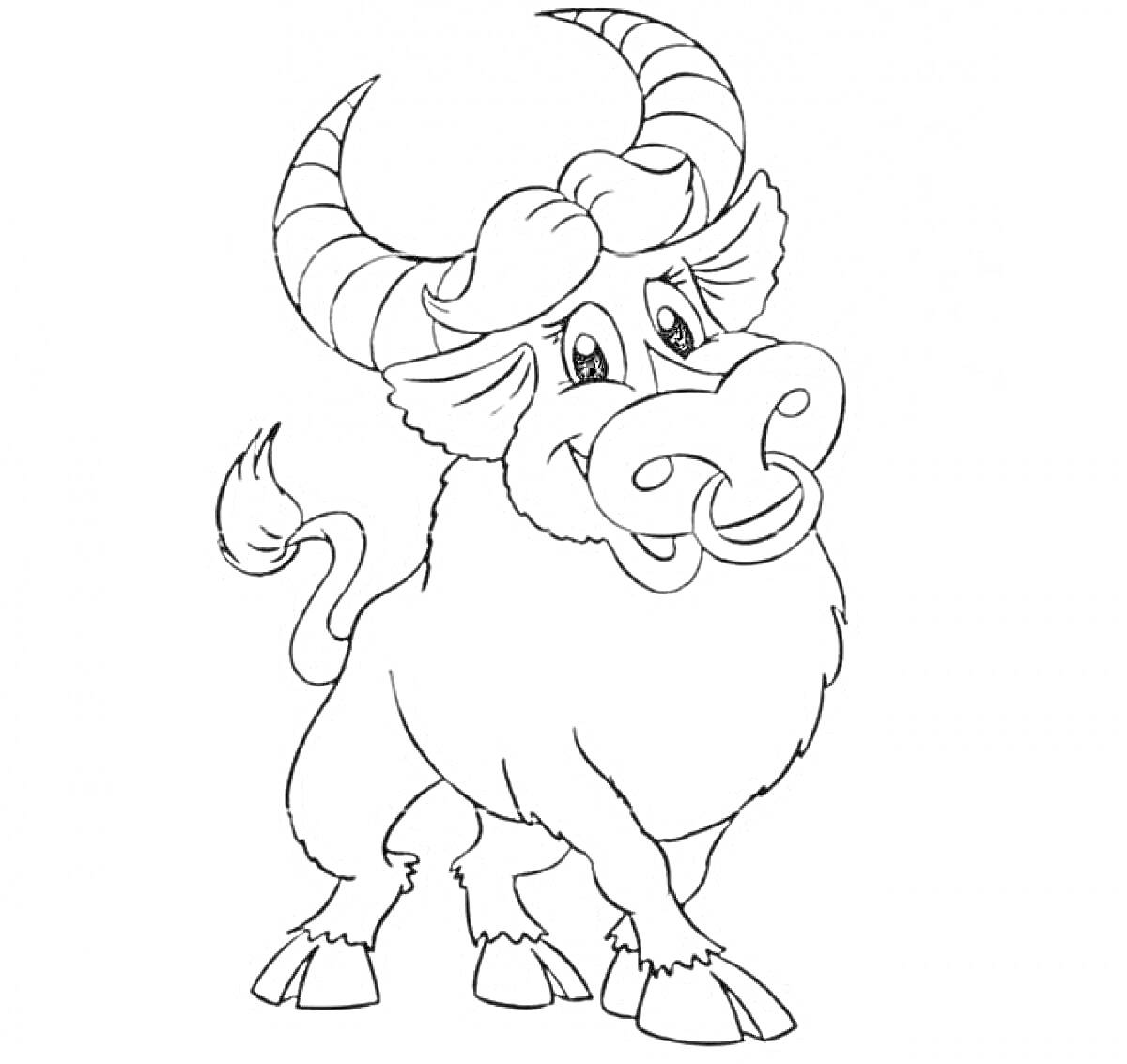 Раскраска Веселый бык с кольцом в носу и большими рогами