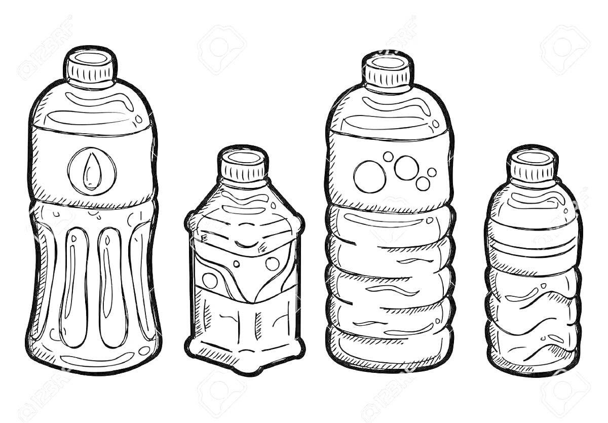 Раскраска Четыре бутылки воды разных форм и размеров