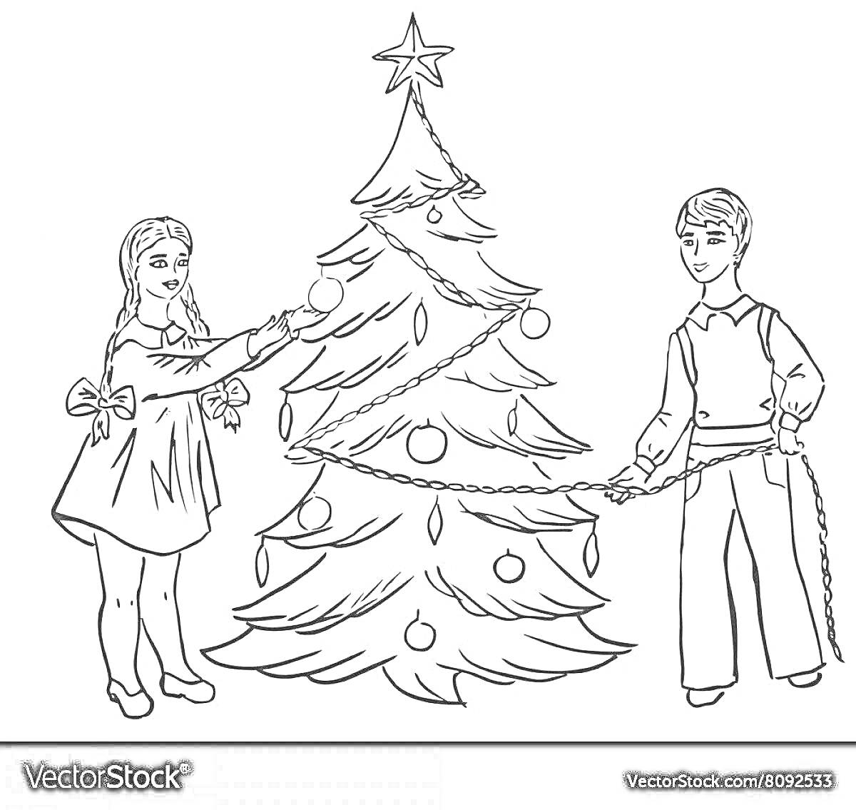 Раскраска Дети наряжают елку, украшая ее гирляндой и шарами