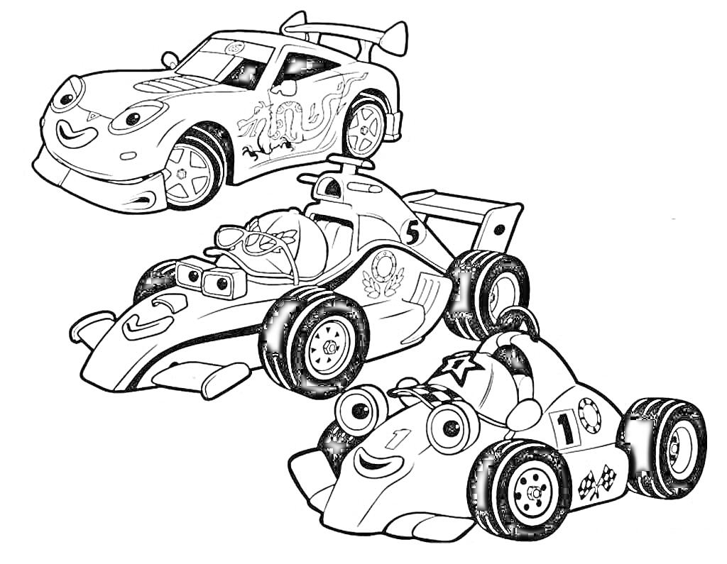 Раскраска Три гоночных машины с улыбками и номерами на корпусе
