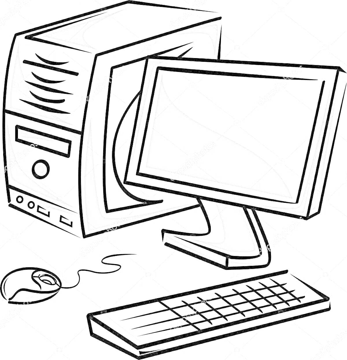 На раскраске изображено: Компьютер, Монитор, Клавиатура, Мышь, Техника, Электроника, Рабочее место, Офис, Устройства