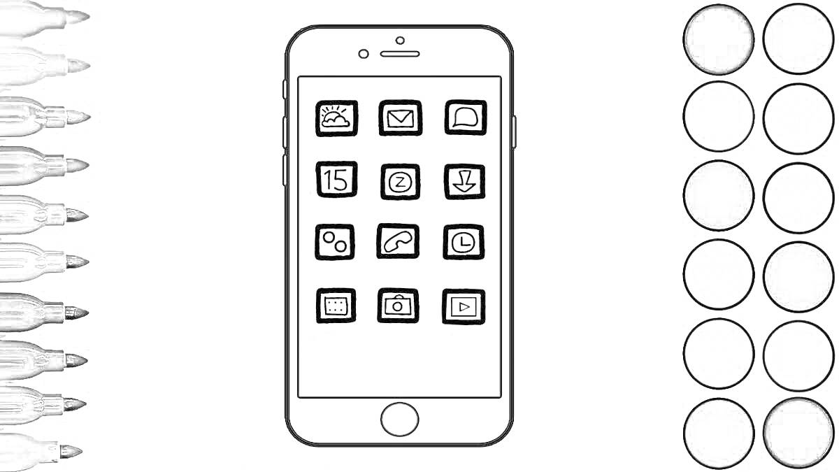 Раскраска Смартфон с экраном, на котором показаны иконки приложений, семь фломастеров и десять оттенков серого