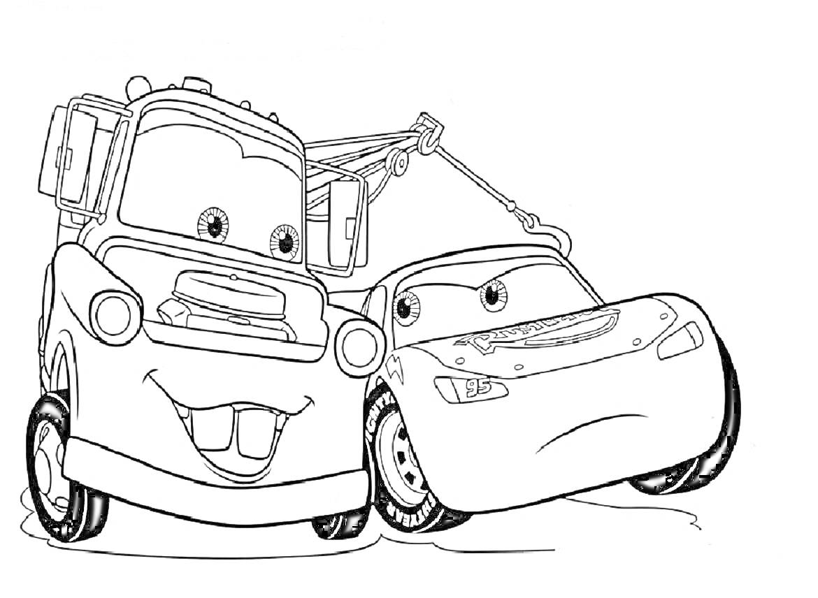 Раскраска Два автомобиля с глазами: тягач с крюком и гоночная машина