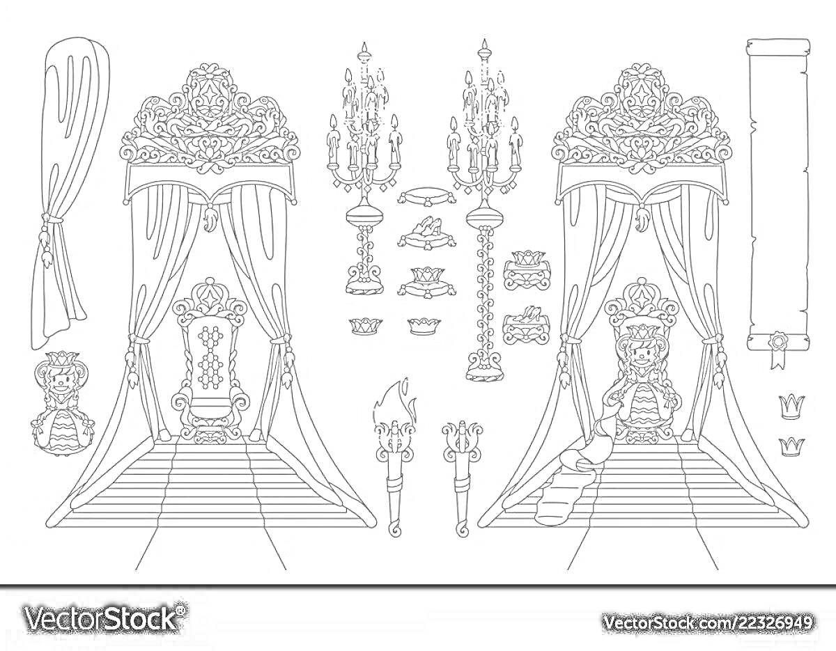 На раскраске изображено: Трон, Колонны, Корона, Меч, Скипетр, Факелы, Декор, Фантазия