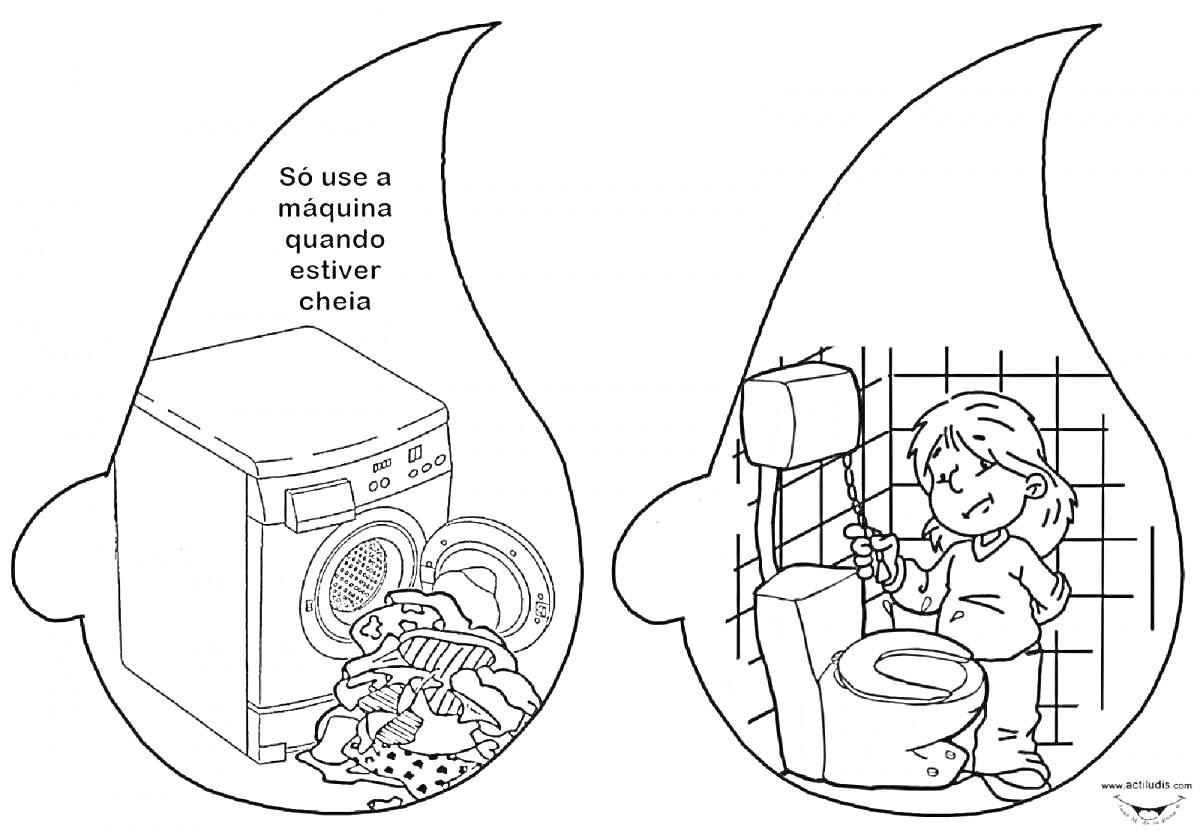 Раскраска рисунок с изображением наполненной стиральной машины и ребёнка, смывающего воду в туалете