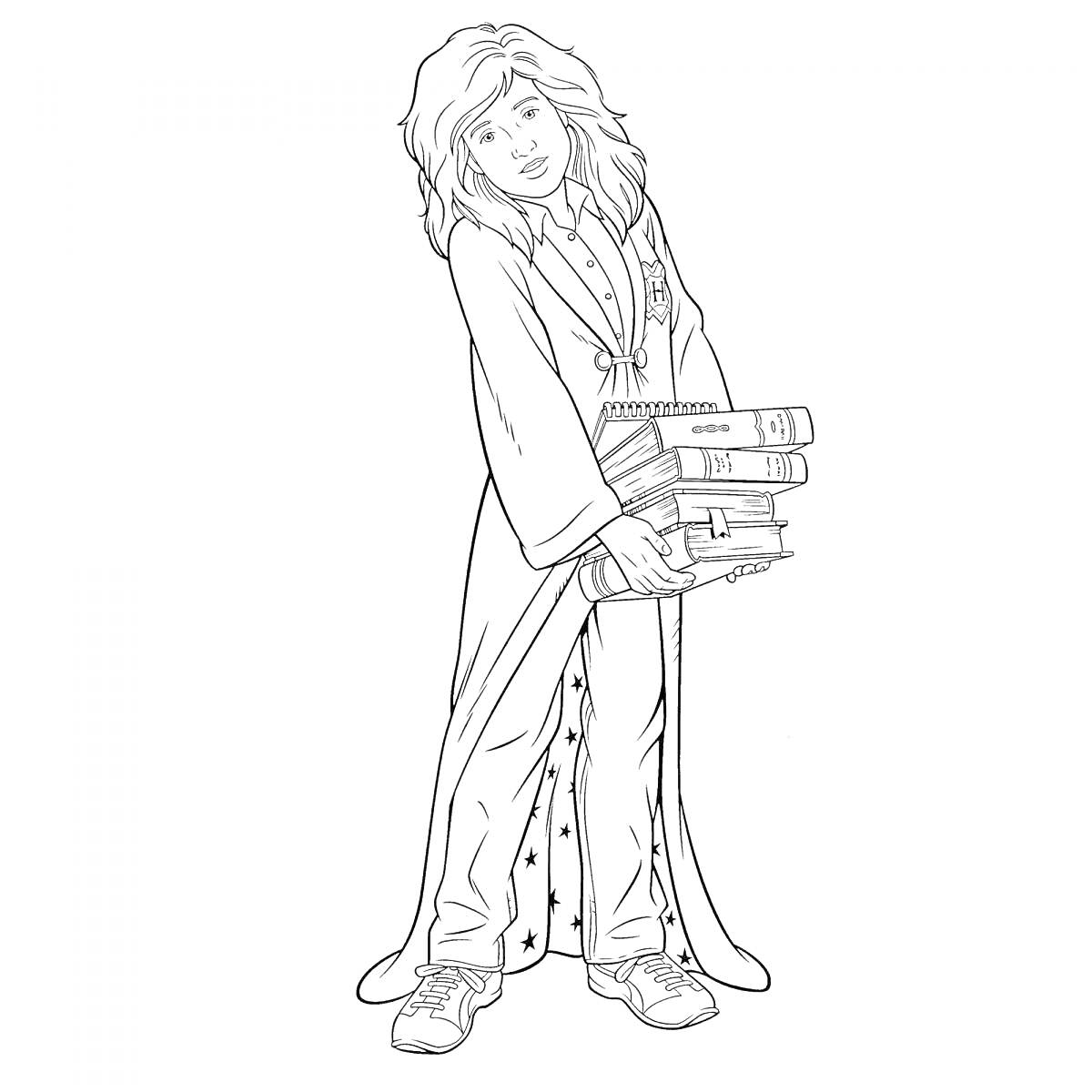 Раскраска Девочка в мантии с книгами из Гарри Поттера