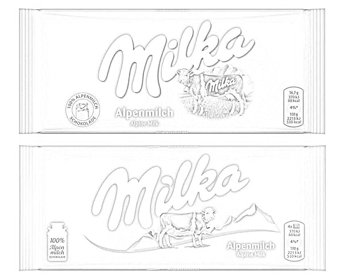 Раскраска Шоколад Milka Alpenmilch с коровой, горы, логотип Milka, 100% альпийское молоко