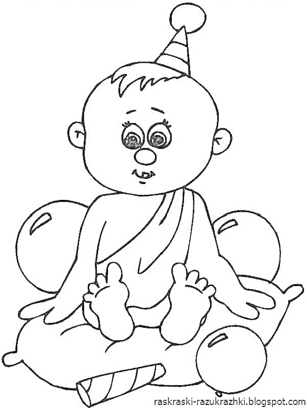 Малыш в колпачке, сидящий на подушке и окруженный воздушными шарами
