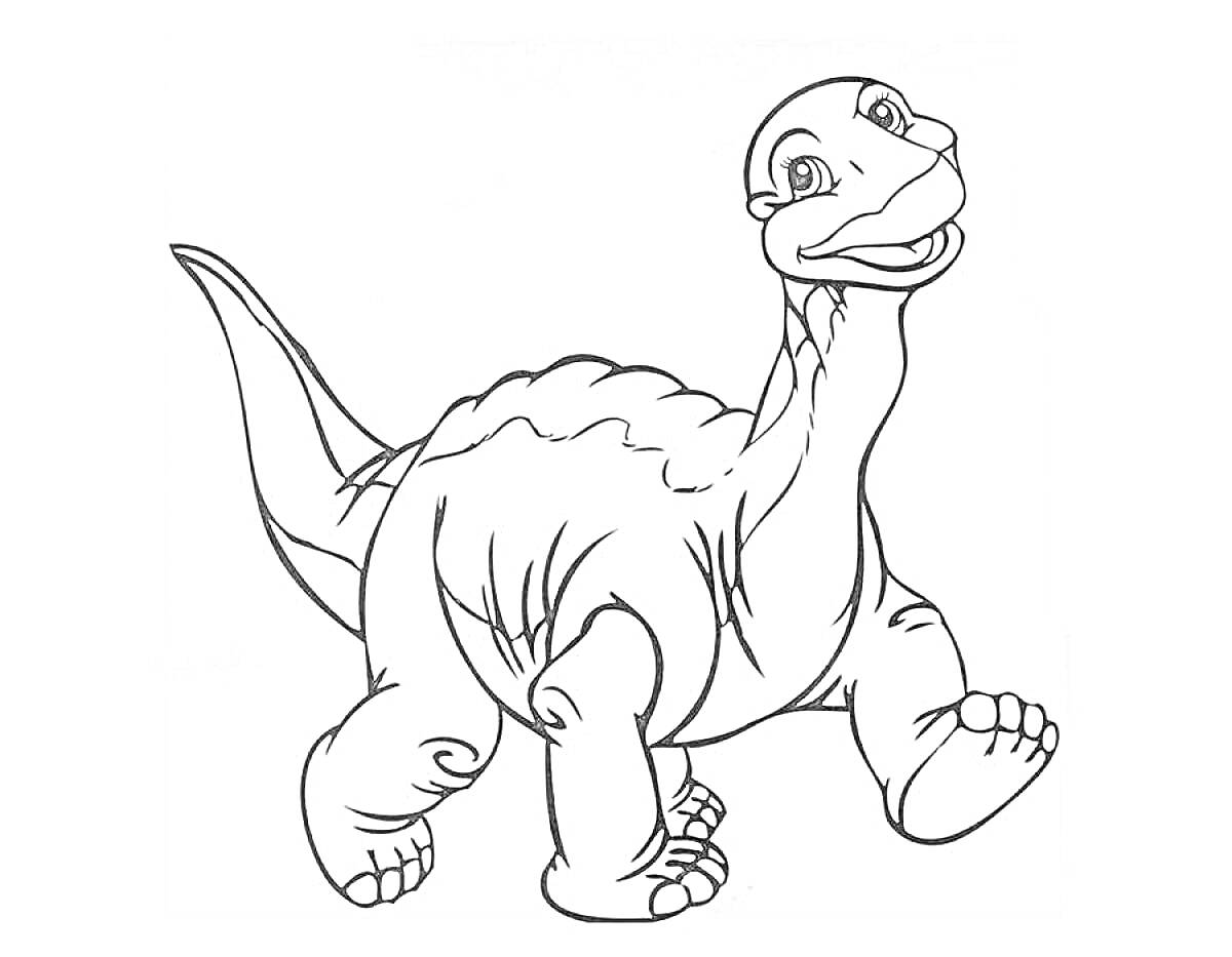 Динозавр с длинной шеей, стоящий на четырех лапах, улыбающийся