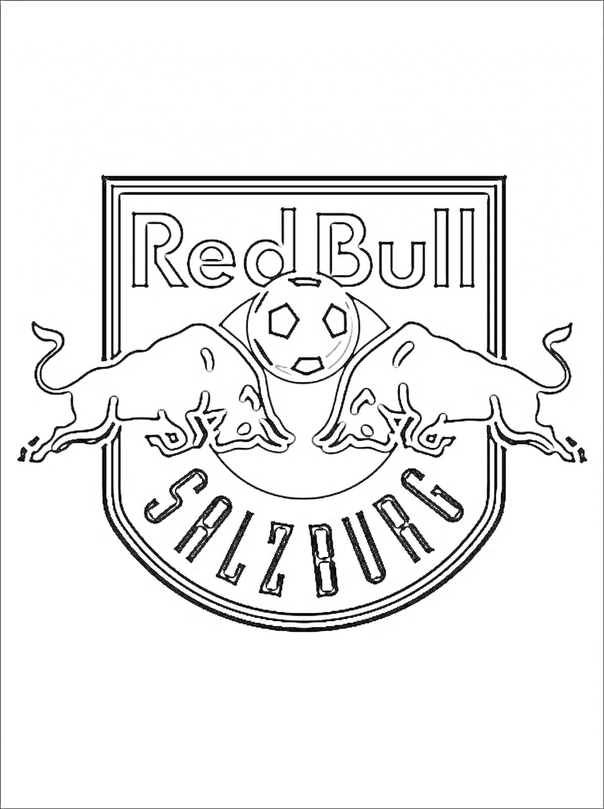 Раскраска Раскраска логотипа футбольного клуба Red Bull Salzburg с двумя быками и футбольным мячом.