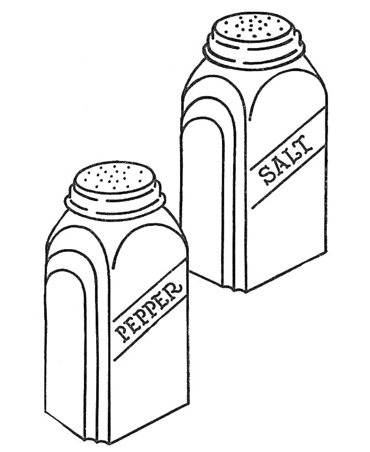 На раскраске изображено: Солонка, Перечница, Специи, Соль, Перец, Кухонные принадлежности, Посуда, Кухня