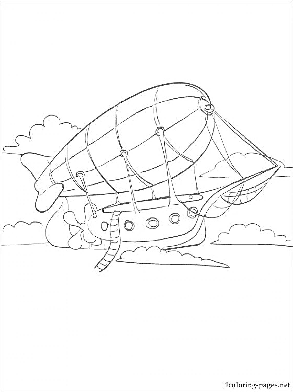 На раскраске изображено: Дирижабль, Небо, Облака, Иллюминаторы, Лестница, Полет, Воздушный транспорт